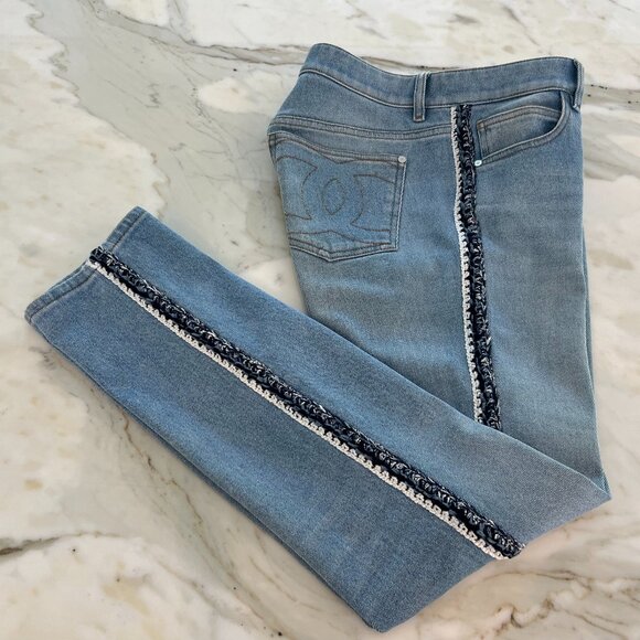 CHANEL 19 CC LIGHT BLUE SIDE STRIPE JEANS SIZE FR 36 / US 4 - Picture 1 of 3